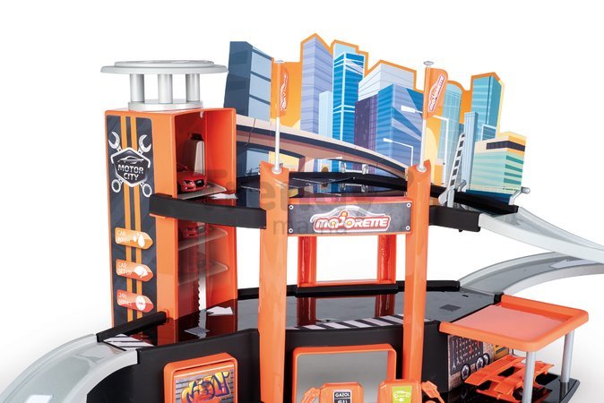 Garáž 3 poschodová s výťahom Garage Motor City Plus Majorette s rampou autodielňou a 1 autíčko