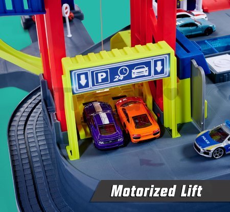 Garáž 6 poschodová s motorizovaným výťahom Super Chase Center Majorette so zvukom a svetlom elektronický vláčik a 4 autíčka od 5 rokov