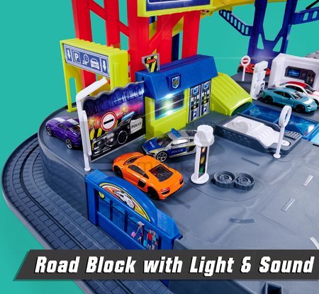 Garáž 6 poschodová s motorizovaným výťahom Super Chase Center Majorette so zvukom a svetlom elektronický vláčik a 4 autíčka od 5 rokov