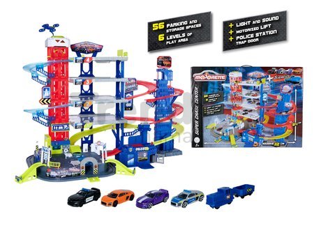 Garáž 6 poschodová s motorizovaným výťahom Super Chase Center Majorette so zvukom a svetlom elektronický vláčik a 4 autíčka od 5 rokov