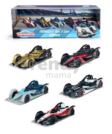 Autíčka Formula E Gen 2 Cars Majorette kovové s gumenými kolieskami 7,5 cm dĺžka sada 5 druhov v darčekovom balení