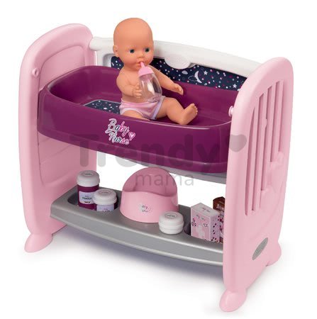Postieľka k posteli s prebaľovacím pultom Violette Baby Nurse 2v1 Smoby 3 pozície s cikajúcou bábikou a 8 doplnkami od 24 mes