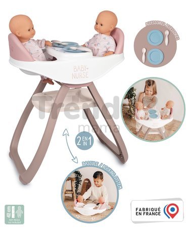 Jedálenská stolička pre dvojičky Twin Highchair 2in1 Natur D'Amour Baby Nurse Smoby pre 42 cm bábiky so 4 doplnkami od 24 mes