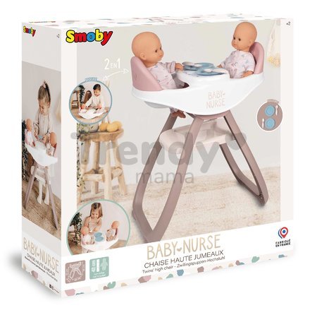 Jedálenská stolička pre dvojičky Twin Highchair 2in1 Natur D'Amour Baby Nurse Smoby pre 42 cm bábiky so 4 doplnkami od 24 mes