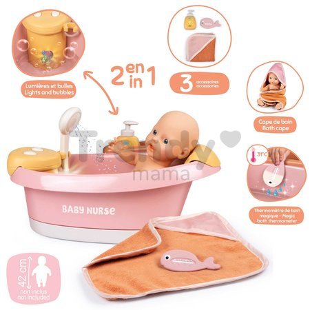 Vanička s funkčnou sprchou Balneo Bath Soft Baby Nurse Smoby s jacuzzi kúpeľom s LED svetlom a bublaním elektronická