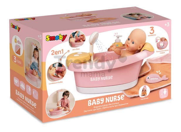 Vanička s funkčnou sprchou Balneo Bath Soft Baby Nurse Smoby s jacuzzi kúpeľom s LED svetlom a bublaním elektronická