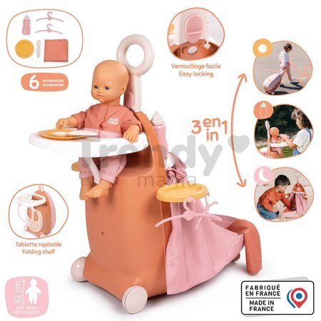 Prebaľovací kufrík s postieľkou na kolieskach 3v1 Nursery Soft Baby Nurse Smoby s jedálenskou stoličkou 6 doplnkov od 18 mes