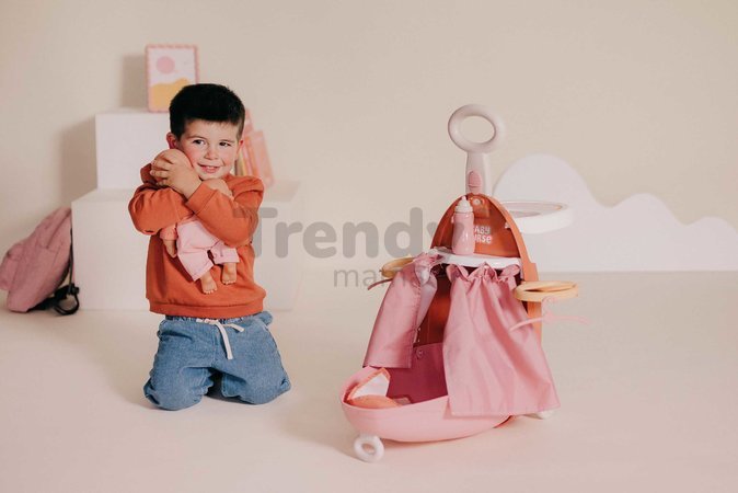 Prebaľovací kufrík s postieľkou na kolieskach 3v1 Nursery Soft Baby Nurse Smoby s jedálenskou stoličkou 6 doplnkov od 18 mes