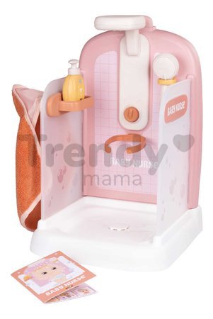 Kúpeľňa s funkčnou sprchou pre bábiky Shower Soft Baby Nurse Smoby s osuškou odnímateľnou sprchovou hlavicou a náučna brožúrka