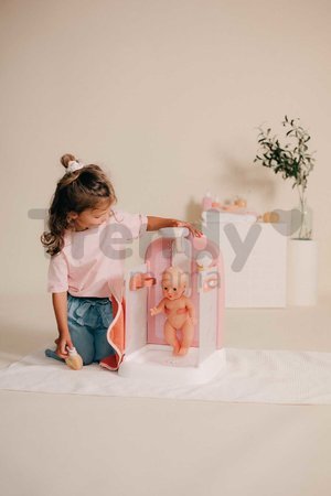 Kúpeľňa s funkčnou sprchou pre bábiky Shower Soft Baby Nurse Smoby s osuškou odnímateľnou sprchovou hlavicou a náučna brožúrka