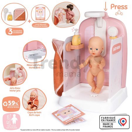 Kúpeľňa s funkčnou sprchou pre bábiky Shower Soft Baby Nurse Smoby s osuškou odnímateľnou sprchovou hlavicou a náučna brožúrka