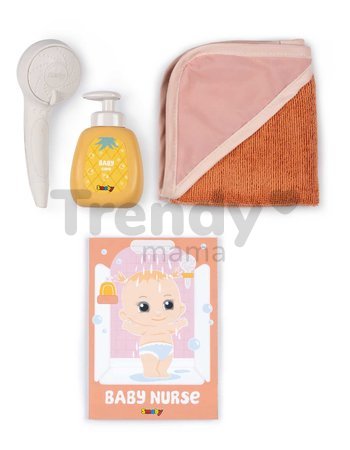 Kúpeľňa s funkčnou sprchou pre bábiky Shower Soft Baby Nurse Smoby s osuškou odnímateľnou sprchovou hlavicou a náučna brožúrka
