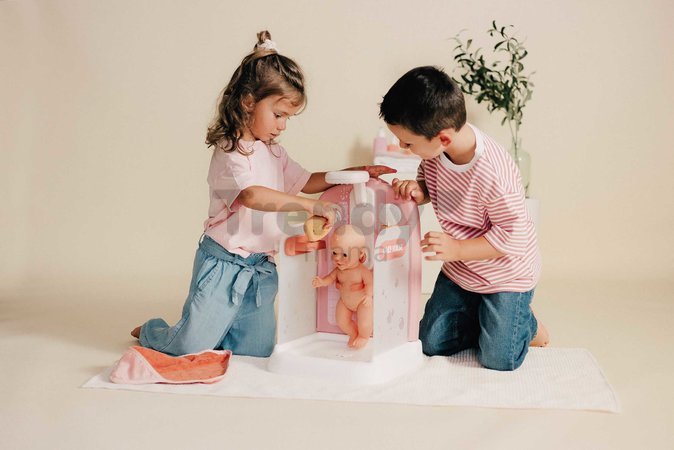 Kúpeľňa s funkčnou sprchou pre bábiky Shower Soft Baby Nurse Smoby s osuškou odnímateľnou sprchovou hlavicou a náučna brožúrka