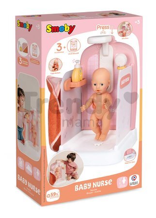 Kúpeľňa s funkčnou sprchou pre bábiky Shower Soft Baby Nurse Smoby s osuškou odnímateľnou sprchovou hlavicou a náučna brožúrka
