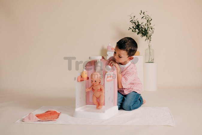 Kúpeľňa s funkčnou sprchou pre bábiky Shower Soft Baby Nurse Smoby s osuškou odnímateľnou sprchovou hlavicou a náučna brožúrka