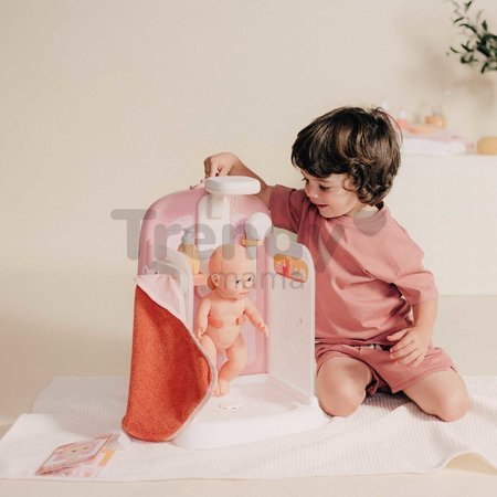 Kúpeľňa s funkčnou sprchou pre bábiky Shower Soft Baby Nurse Smoby s osuškou odnímateľnou sprchovou hlavicou a náučna brožúrka