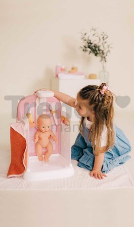 Kúpeľňa s funkčnou sprchou pre bábiky Shower Soft Baby Nurse Smoby s osuškou odnímateľnou sprchovou hlavicou a náučna brožúrka