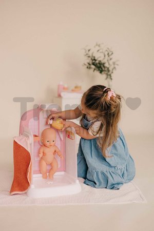 Kúpeľňa s funkčnou sprchou pre bábiky Shower Soft Baby Nurse Smoby s osuškou odnímateľnou sprchovou hlavicou a náučna brožúrka