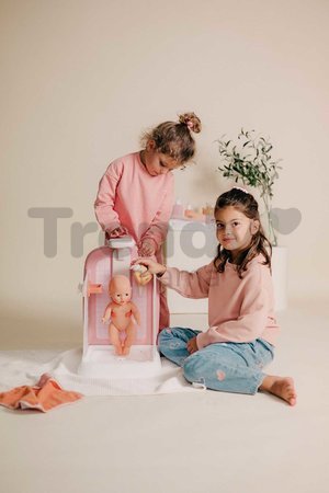 Kúpeľňa s funkčnou sprchou pre bábiky Shower Soft Baby Nurse Smoby s osuškou odnímateľnou sprchovou hlavicou a náučna brožúrka