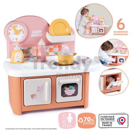 Kuchynka pre bábiku Baby Nurse Kitchen Smoby s varnou doskou a rúrou so 6 doplnkami od 18 mes