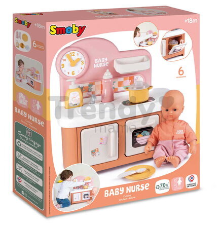 Kuchynka pre bábiku Baby Nurse Kitchen Smoby s varnou doskou a rúrou so 6 doplnkami od 18 mes