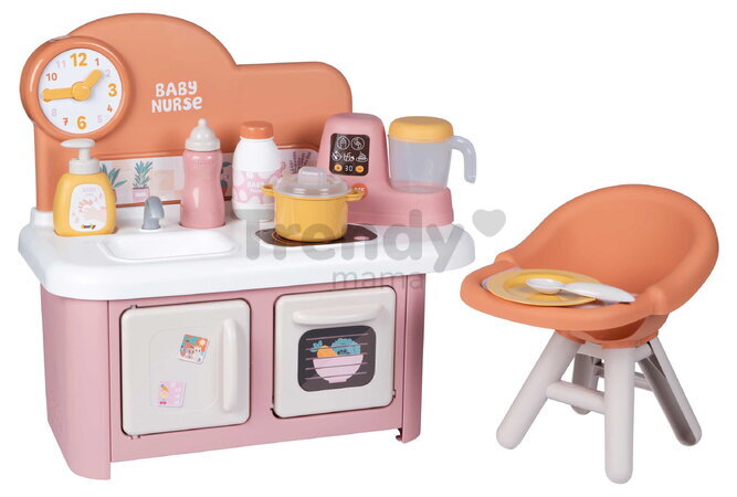 Kuchynka s jedálenskou stoličkou pre bábiku Baby Nurse Kitchen & High Chair Smoby s kuchynským robotom 7 doplnkov od 18 mes