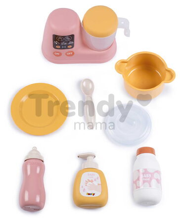 Kuchynka s jedálenskou stoličkou pre bábiku Baby Nurse Kitchen & High Chair Smoby s kuchynským robotom 7 doplnkov od 18 mes