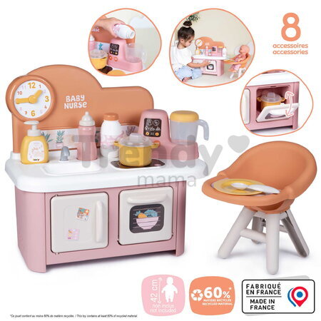 Kuchynka s jedálenskou stoličkou pre bábiku Baby Nurse Kitchen & High Chair Smoby s kuchynským robotom 7 doplnkov od 18 mes