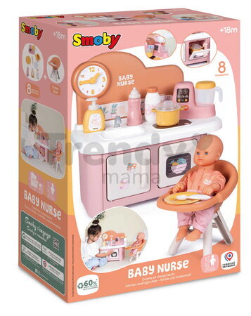 Kuchynka s jedálenskou stoličkou pre bábiku Baby Nurse Kitchen & High Chair Smoby s kuchynským robotom 7 doplnkov od 18 mes