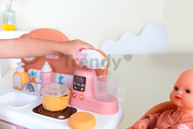 Kuchynka s jedálenskou stoličkou pre bábiku Baby Nurse Kitchen & High Chair Smoby s kuchynským robotom 7 doplnkov od 18 mes