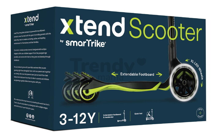 Kolobežka trojkolesová s rozšíriteľnou doskou Xtend Lime Scooter smarTrike skladacia s výškovo nastaviteľnými riadidlami a LED kolesami od 3 do 12 rok