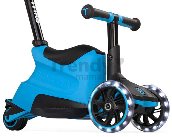 Odrážadlo a kolobežka 2v1 trojkolesová s LED kolesami Xtend Scooter Ride-on Blue smarTrike s vodiacou tyčou s nastaviteľnou výškou a úložným priestoro