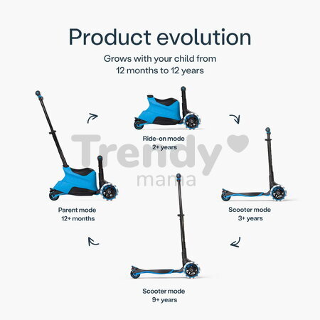 Odrážadlo a kolobežka 2v1 trojkolesová s LED kolesami Xtend Scooter Ride-on Blue smarTrike s vodiacou tyčou s nastaviteľnou výškou a úložným priestoro