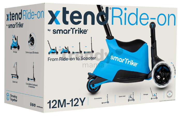 Odrážadlo a kolobežka 2v1 trojkolesová s LED kolesami Xtend Scooter Ride-on Blue smarTrike s vodiacou tyčou s nastaviteľnou výškou a úložným priestoro