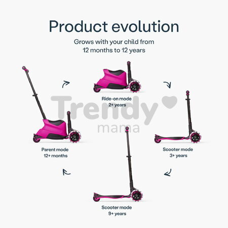 Odrážadlo a kolobežka 2v1 trojkolesová s LED kolesami Xtend Scooter Ride-on Pink smarTrike s vodiacou tyčou s nastaviteľnou výškou a úložným priestoro