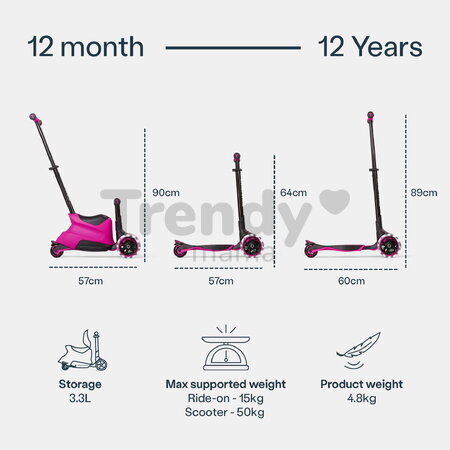 Odrážadlo a kolobežka 2v1 trojkolesová s LED kolesami Xtend Scooter Ride-on Pink smarTrike s vodiacou tyčou s nastaviteľnou výškou a úložným priestoro