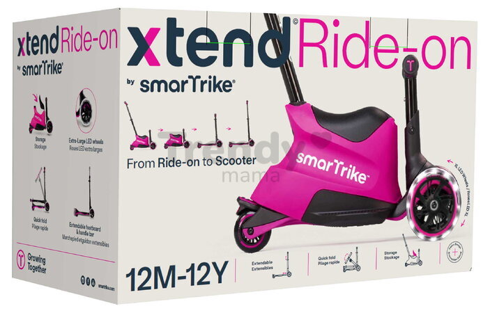 Odrážadlo a kolobežka 2v1 trojkolesová s LED kolesami Xtend Scooter Ride-on Pink smarTrike s vodiacou tyčou s nastaviteľnou výškou a úložným priestoro