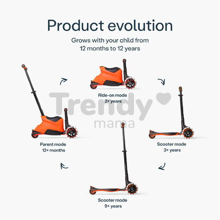 Odrážadlo a kolobežka 2v1 trojkolesová s LED kolesami Xtend Scooter Ride-on Orange smarTrike s vodiacou tyčou s nastaviteľnou výškou a úložným priesto