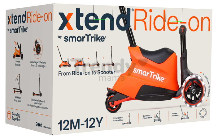 Odrážadlo a kolobežka 2v1 trojkolesová s LED kolesami Xtend Scooter Ride-on Orange smarTrike s vodiacou tyčou s nastaviteľnou výškou a úložným priesto