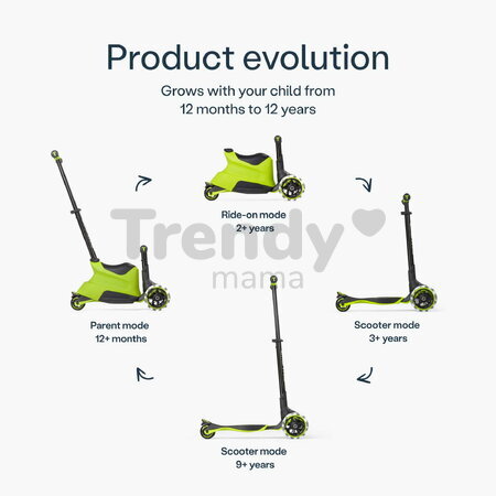 Odrážadlo a kolobežka 2v1 trojkolesová s LED kolesami Xtend Scooter Ride-on Lime smarTrike s vodiacou tyčou s nastaviteľnou výškou a úložným priestoro