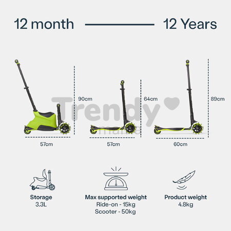Odrážadlo a kolobežka 2v1 trojkolesová s LED kolesami Xtend Scooter Ride-on Lime smarTrike s vodiacou tyčou s nastaviteľnou výškou a úložným priestoro