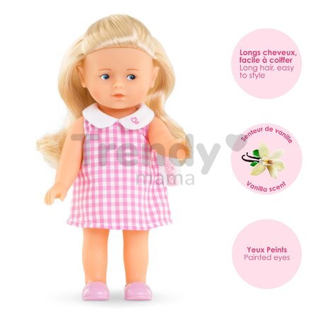 Bábika Mini Corolline Rosy Corolle dlhé blond vlasy s modrými očami a ružové šaty 20 cm