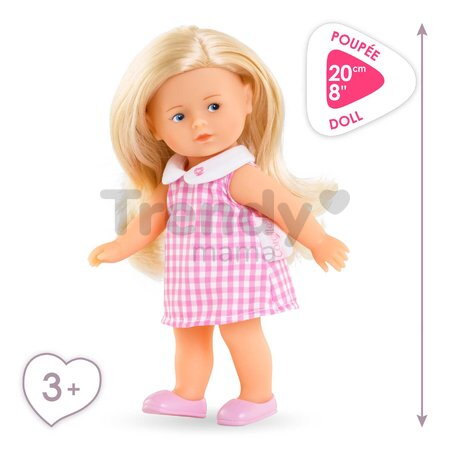 Bábika Mini Corolline Rosy Corolle dlhé blond vlasy s modrými očami a ružové šaty 20 cm