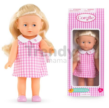 Bábika Mini Corolline Rosy Corolle dlhé blond vlasy s modrými očami a ružové šaty 20 cm