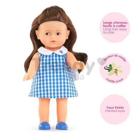 Bábika Mini Corolline Romy Corolle dlhé hnedé vlasy s hnedými očami a modré šaty 20 cm