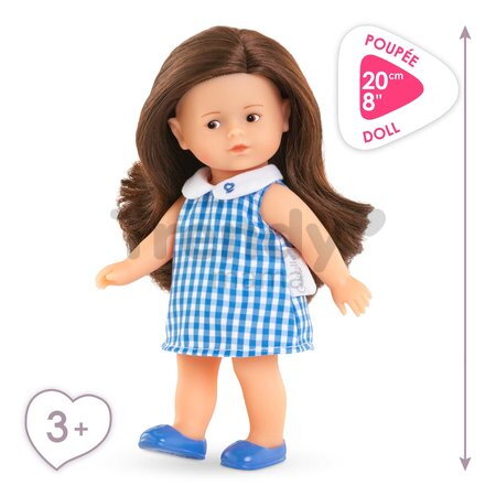 Bábika Mini Corolline Romy Corolle dlhé hnedé vlasy s hnedými očami a modré šaty 20 cm