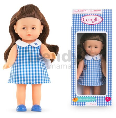 Bábika Mini Corolline Romy Corolle dlhé hnedé vlasy s hnedými očami a modré šaty 20 cm