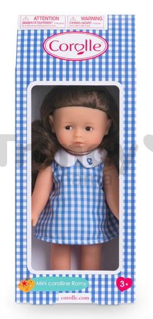Bábika Mini Corolline Romy Corolle dlhé hnedé vlasy s hnedými očami a modré šaty 20 cm