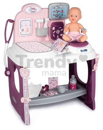 Zdravotnícky a prebaľovací pult Violette Baby Care Center Smoby s elektronickým displejom a 30 cm bábika s 25 doplnkami 68 cm výška