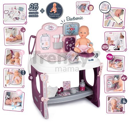 Zdravotnícky a prebaľovací pult Violette Baby Care Center Smoby s elektronickým displejom a 30 cm bábika s 25 doplnkami 68 cm výška